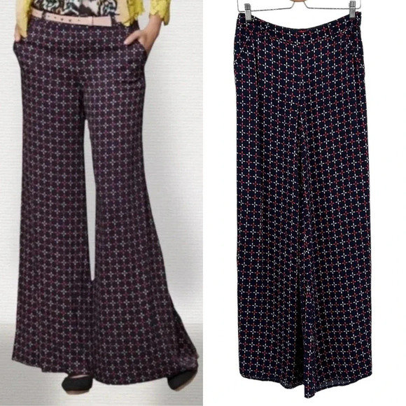 Anthropologie Cartonnier Pants‎ Geometric Print Wide Leg Rayon Navy Blue Size 4 - Picture 1 of 10